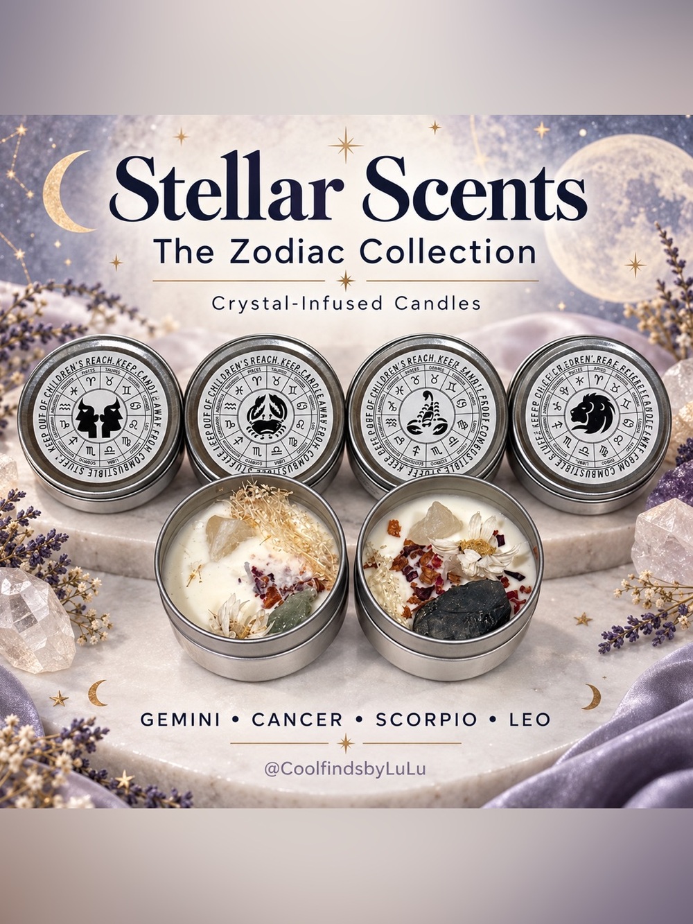 Zodiac Collection Crystal-Infused Candles - Lavender & Cream PICK YOUR SIGN